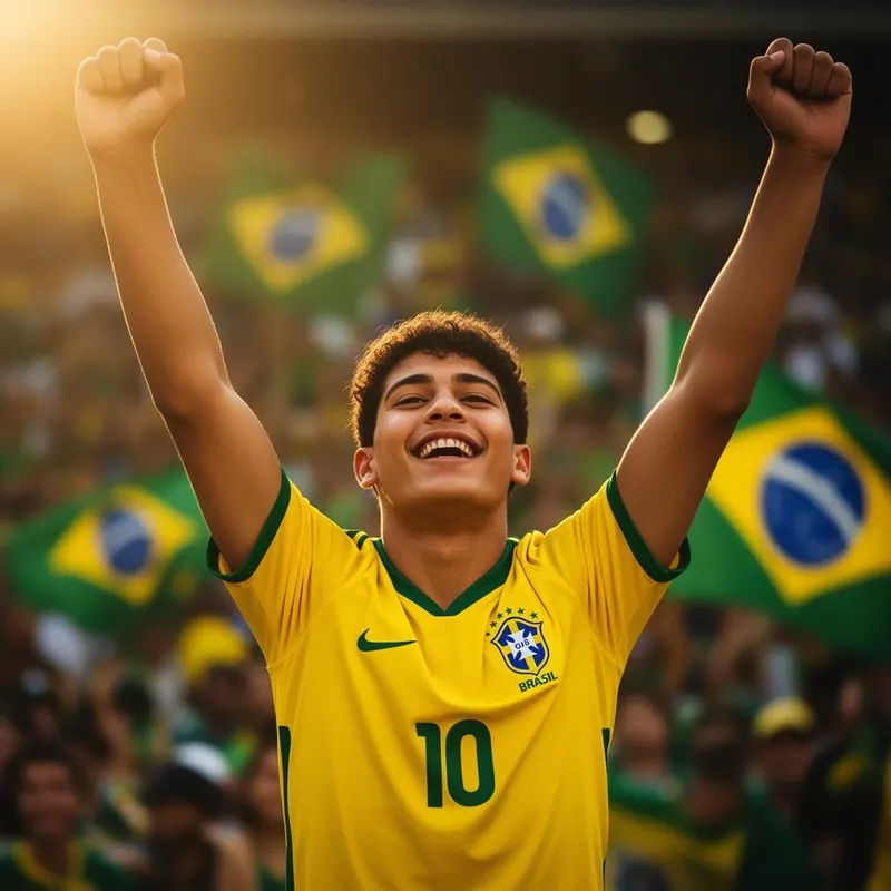 Torcedor vestindo a camisa oficial do Brasil 2026 comemorando na Copa do Mundo